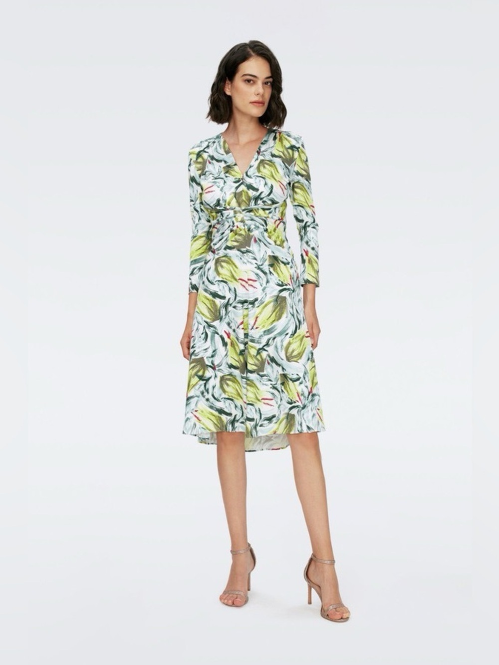 DVF Abstract Floral Jersey Dress in Yellow and White M